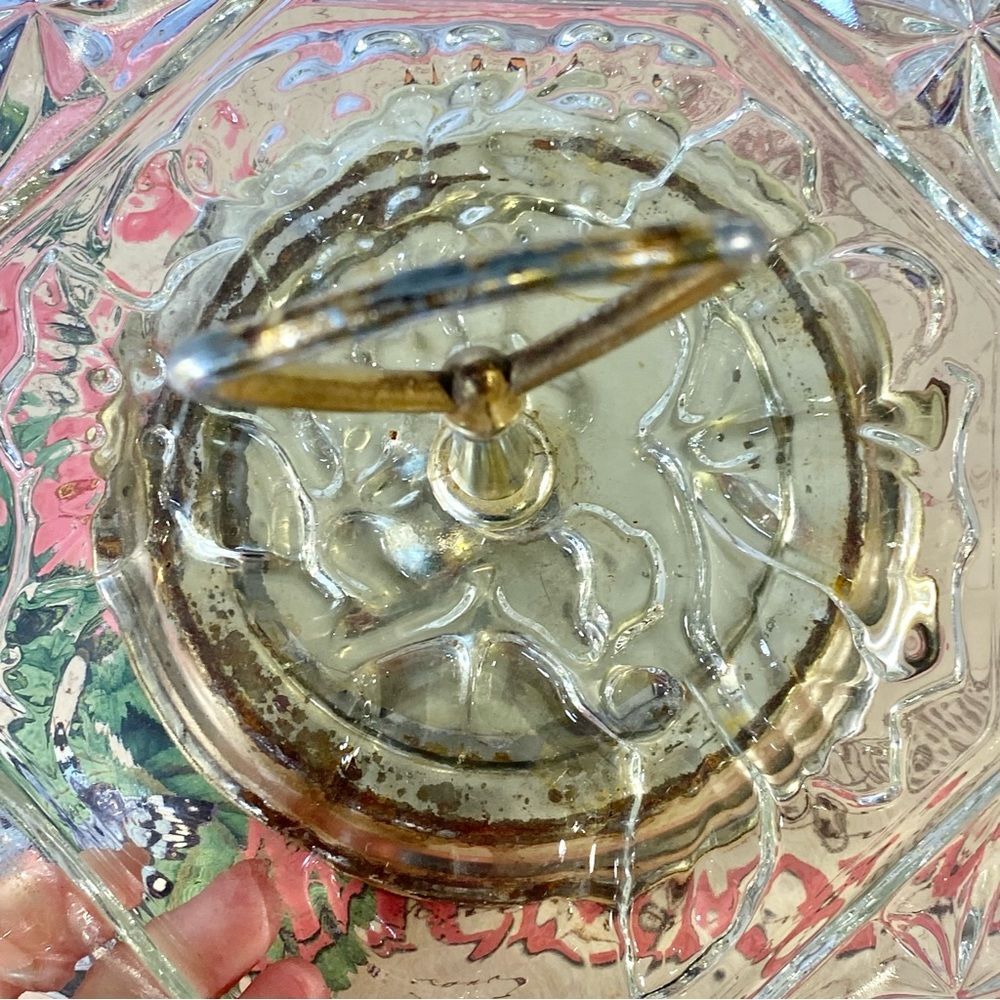 Glass Candy Dish Vtg Cut Glass Serving Dish Metal Handle Heavy Vintage Glassware - Picture 2 of 6